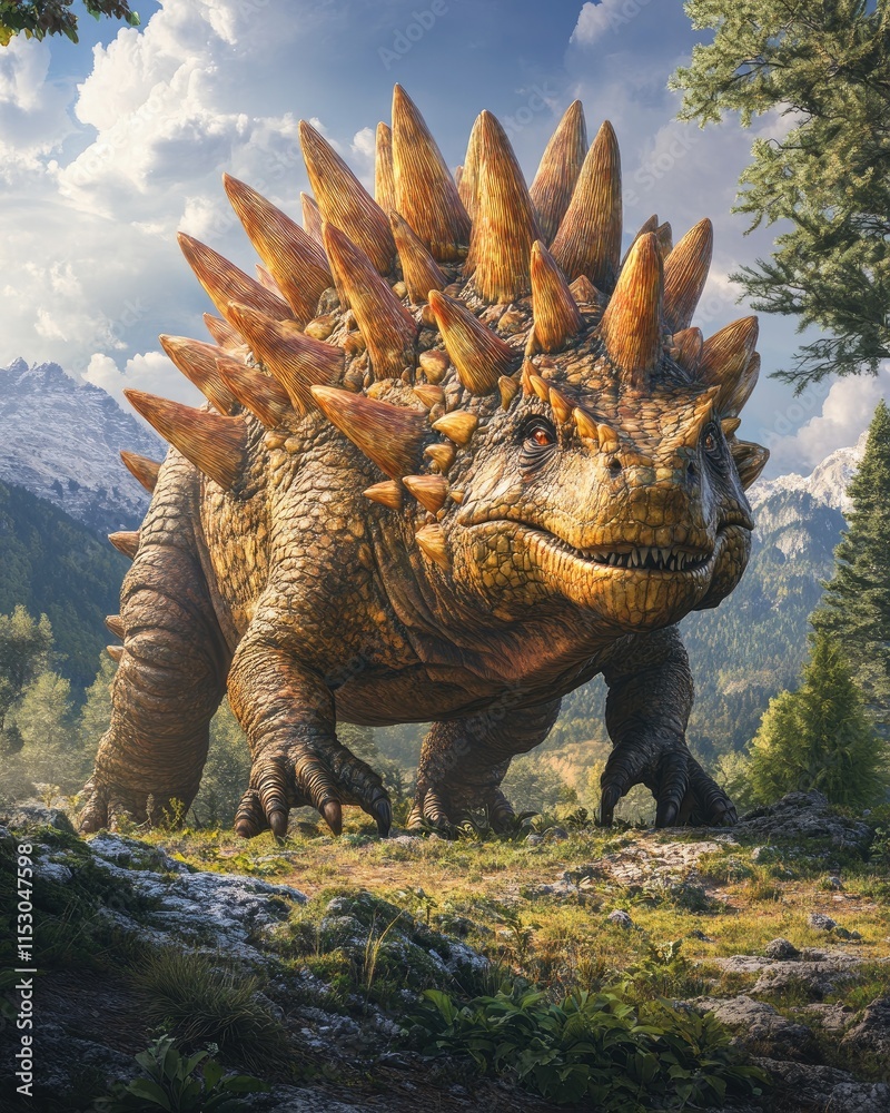 Fototapeta premium A large, spiked dinosaur-like creature in a lush, mountainous landscape.