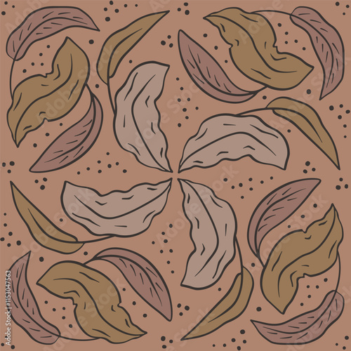 Seamless pattern with neutral earthy tropical leaves on brown background. Line art botanical wallpaper with foliage