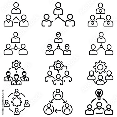 Teamwork and Collaboration Vector Icon Set, A collection of twelve vector icons illustrating teamwork, collaboration, and organizational structures, ideal for business and project management designs.
