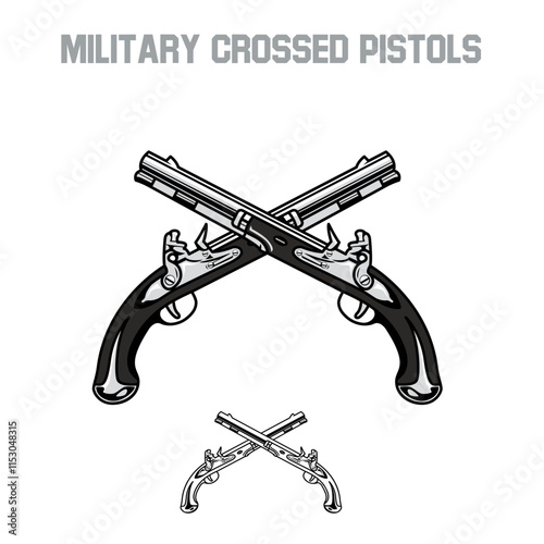 military crossed pistols vector design with realistic chrome black and white texture. 2 crossed guns can be used as part of a gaming logo for shooting genre.  