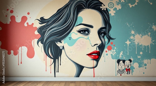 Colorful mural of a woman's face with abstract splashes and cartoon elements on a wall