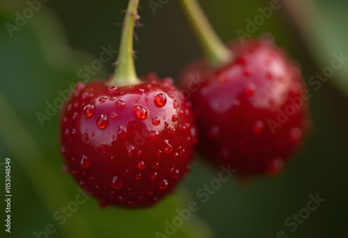 Close-up of ripe red cherries covered with water drops, shallow depth of field