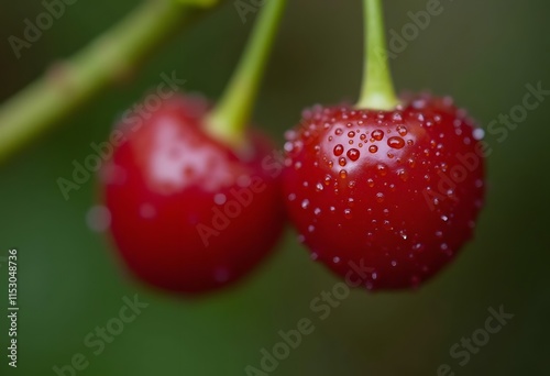 Close-up of ripe red cherries covered with water drops, shallow depth of field