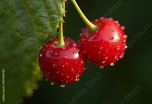 Close-up of ripe red cherries covered with water drops, shallow depth of field