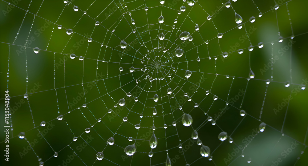Naklejka premium Morning Dew on Spiderweb with Natural Green Bokeh Background