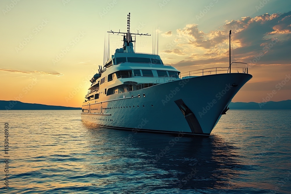 Luxury yacht sailing at sunset on calm waters.