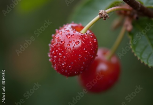 Close-up of ripe red cherries covered with water drops, shallow depth of field