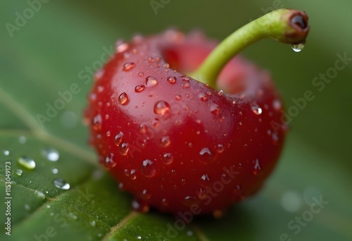 Close-up of ripe red cherries covered with water drops, shallow depth of field