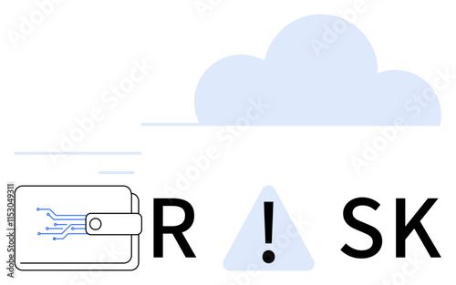 Digital wallet with circuitry next to word RISK with an exclamation mark in a triangle and cloud symbol. Ideal for technology, finance, cybersecurity, cloud computing, data protection, digital