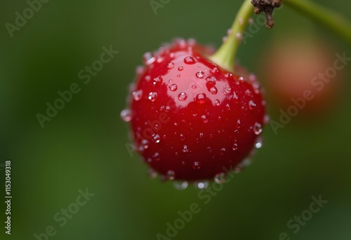 Close-up of ripe red cherries covered with water drops, shallow depth of field