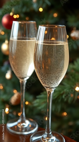 Festive Sparkling Wine Glasses Christmas Tree Background photo