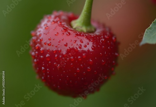 Close-up of ripe red cherries covered with water drops, shallow depth of field