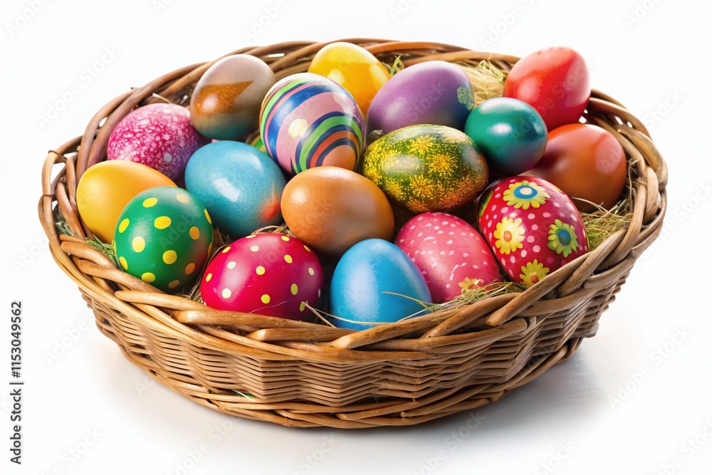 Colorful Easter Eggs in Woven Basket, Spring Holiday Decoration, Isolated White Background Colorful Easter Eggs in Woven Basket, Spring Holiday Decoration, Isolated White Background