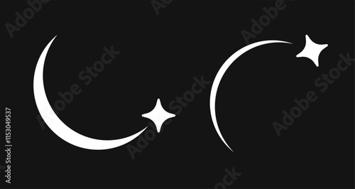 Star fall icon vector, simple comet tail flying in night sky cartoon comic modern logo illustration set, meteor shoot isolated sign symbol black white image clip art
