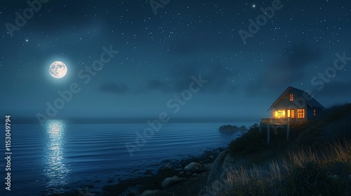 Secluded Coastal Cabin Illuminated by Moonlight and Stars at Night