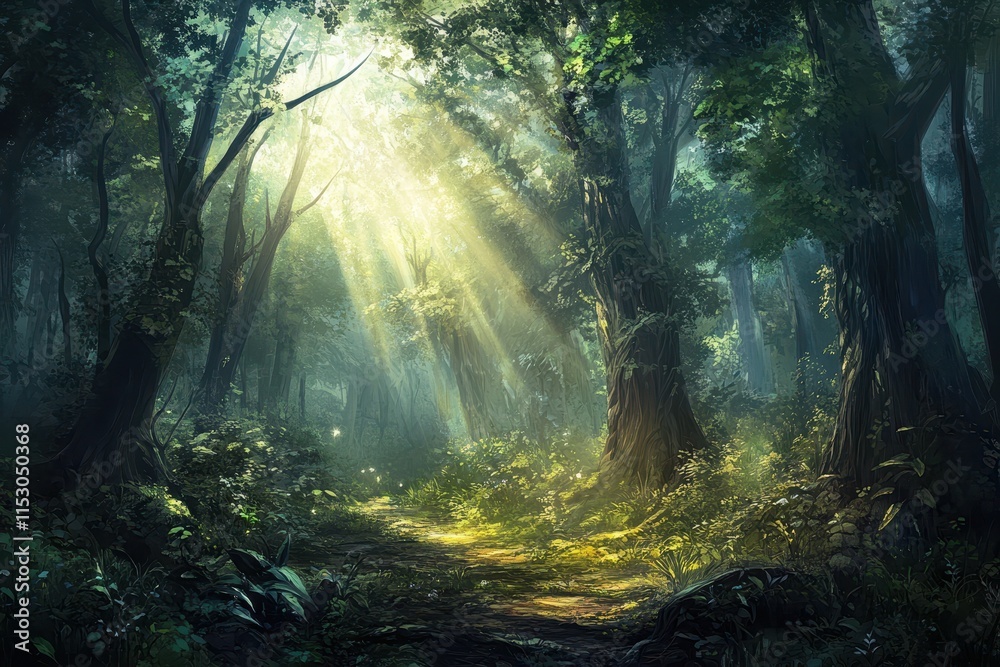 Obraz premium Sunbeams illuminate a mystical forest path. (2)