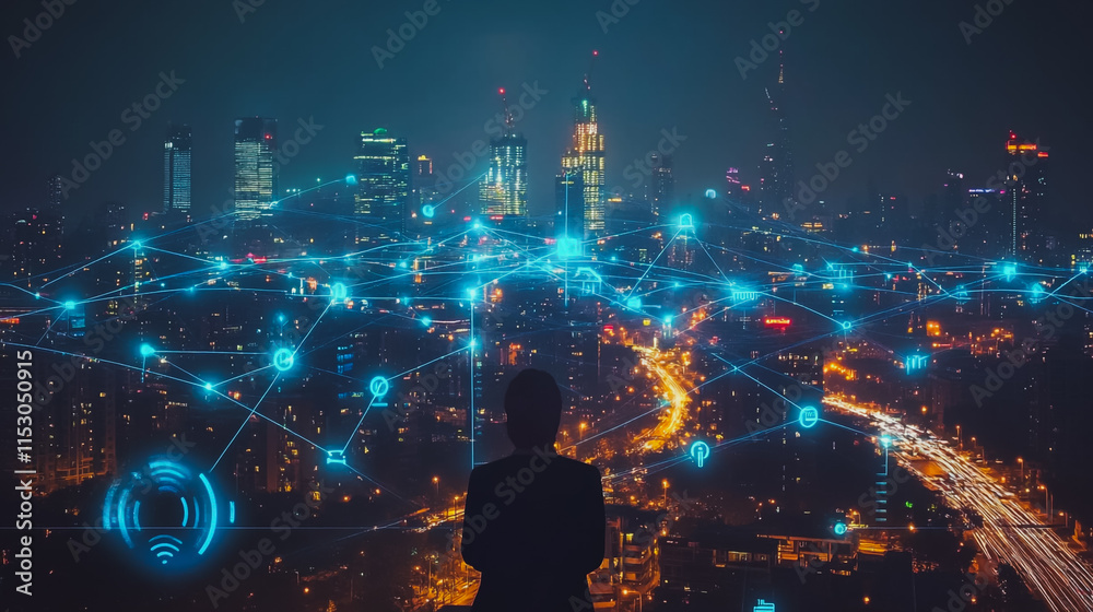 Fototapeta premium Smart digital city with connection cyber security network reciprocity over the cityscape . future smart wireless digital city and social media networking systems that connects people within the city