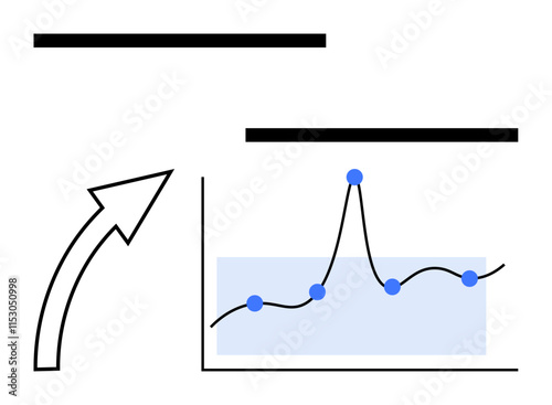 Graph with rising dots black line blue fill, arrow pointing at peak. Ideal for business growth, analytics, data trends, performance, finance, strategic planning. Line metaphor