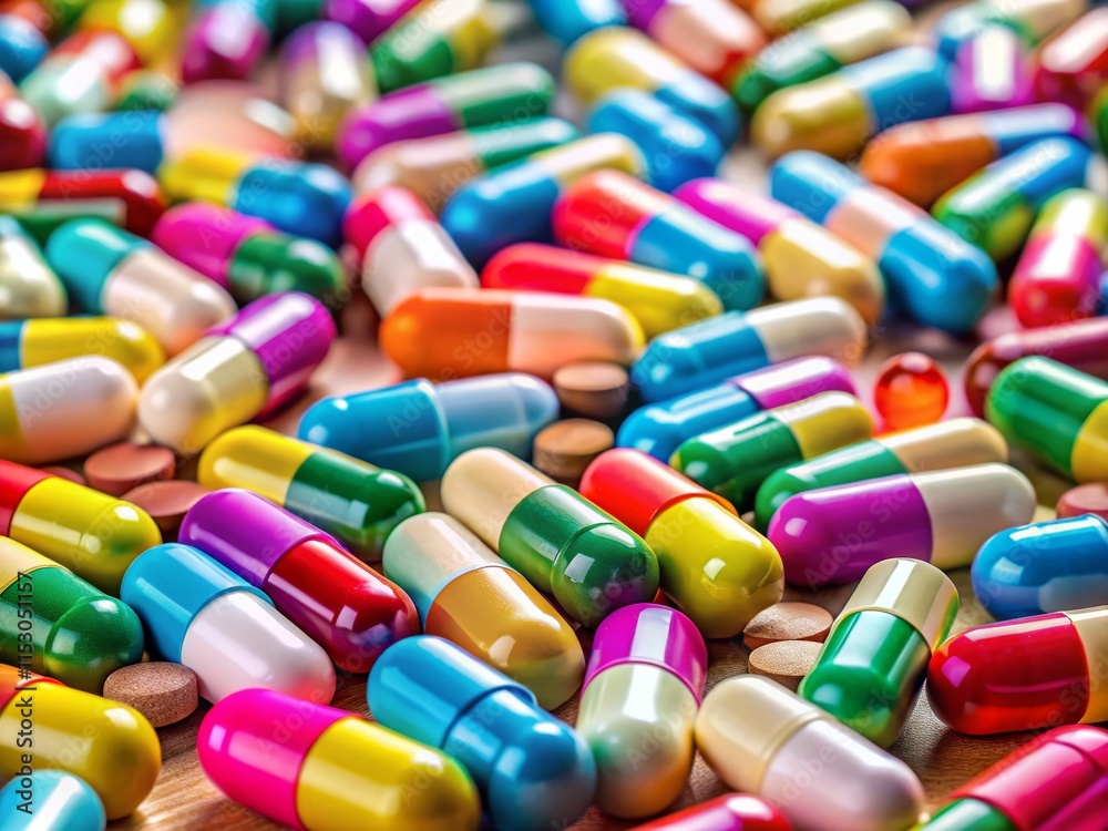 Colorful Medicine Pills on Table: Medical Background Stock Photo