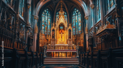 A focused view of the Chapel of the Constables  highlighting the ornate carvings  glowing stained glass  and golden accents on the altar