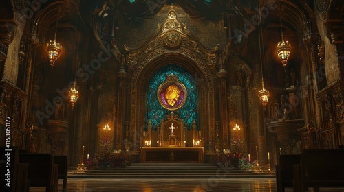 A focused view of the Chapel of the Constables  highlighting the ornate carvings  glowing stained glass  and golden accents on the altar