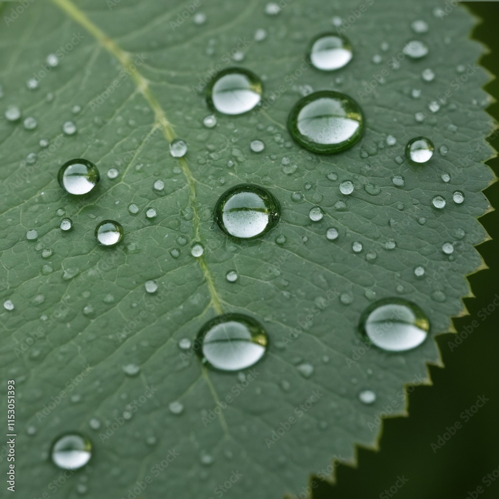 A macro shot of perfectly round water droplets on a green leaf, reflecting tiny glimpses of the surroundings. A macro shot of perfectly round water droplets on a green leaf, reflecting tiny glimpses of the surroundings.