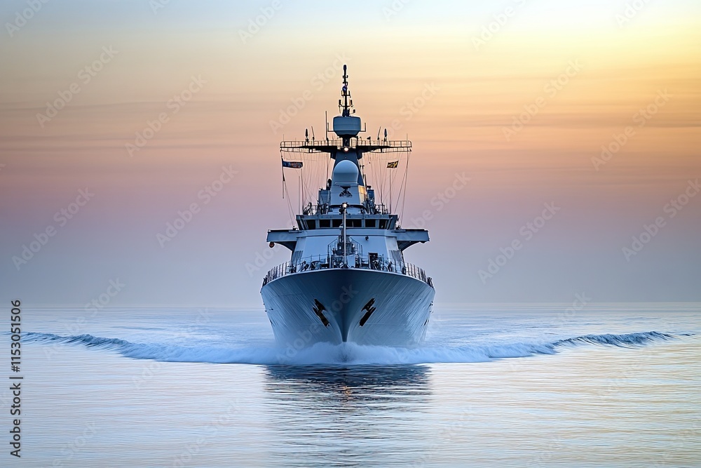 Naval ship navigating calm waters at sunset. Naval ship navigating calm waters at sunset.