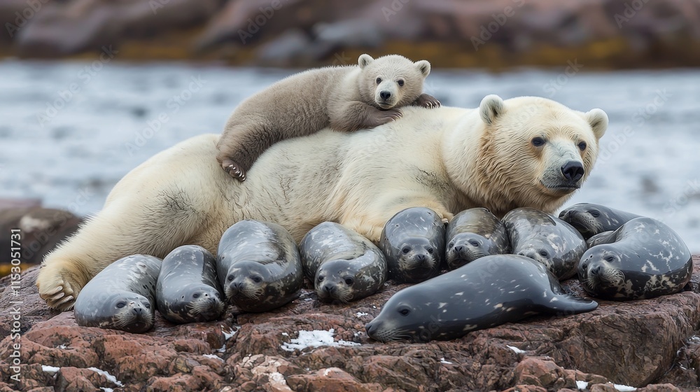 Polar Bear Family and Seal Pups Resting on Rocks Polar Bear Family and Seal Pups Resting on Rocks