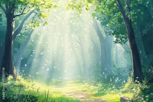 Sunbeams illuminate a magical forest path. (3) photo