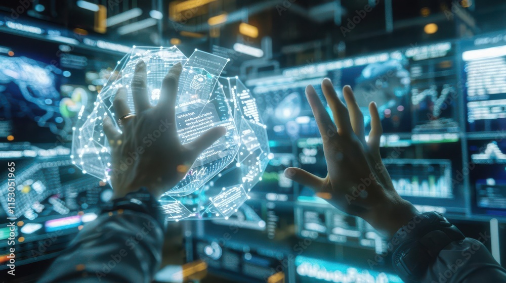A futuristic interface with hands interacting with holographic data and graphs. A futuristic interface with hands interacting with holographic data and graphs.