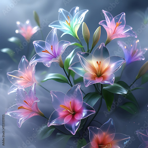 A beautiful spectrum of Alstroemerias flowers with delicate, translucent petals illuminated by soft light. Created with generative AI