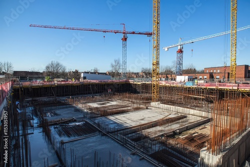 Construction site with cranes, rebar, and foundation work in progress under a clear blue sky. photo