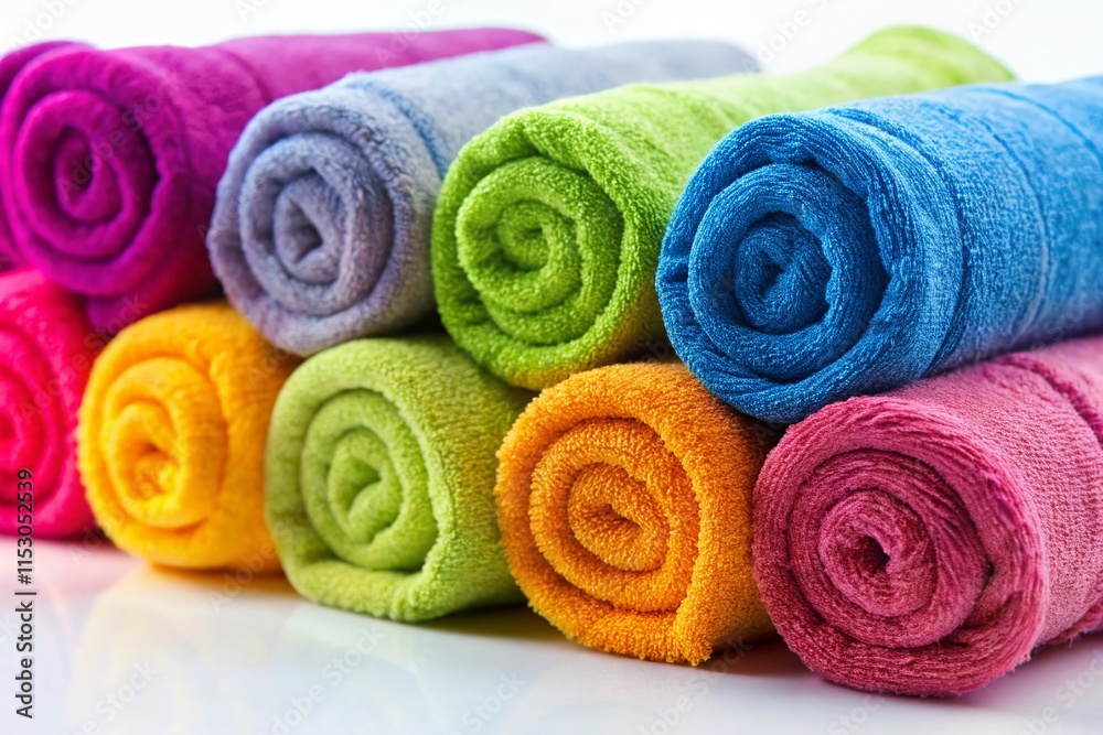 Colorful Rolled Towels Vibrant Display White Background Texture Tilt-Shift Photography