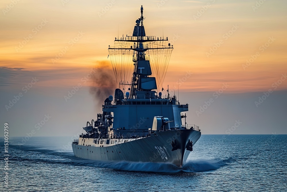 Naval ship navigating through water at sunset. Naval ship navigating through water at sunset.