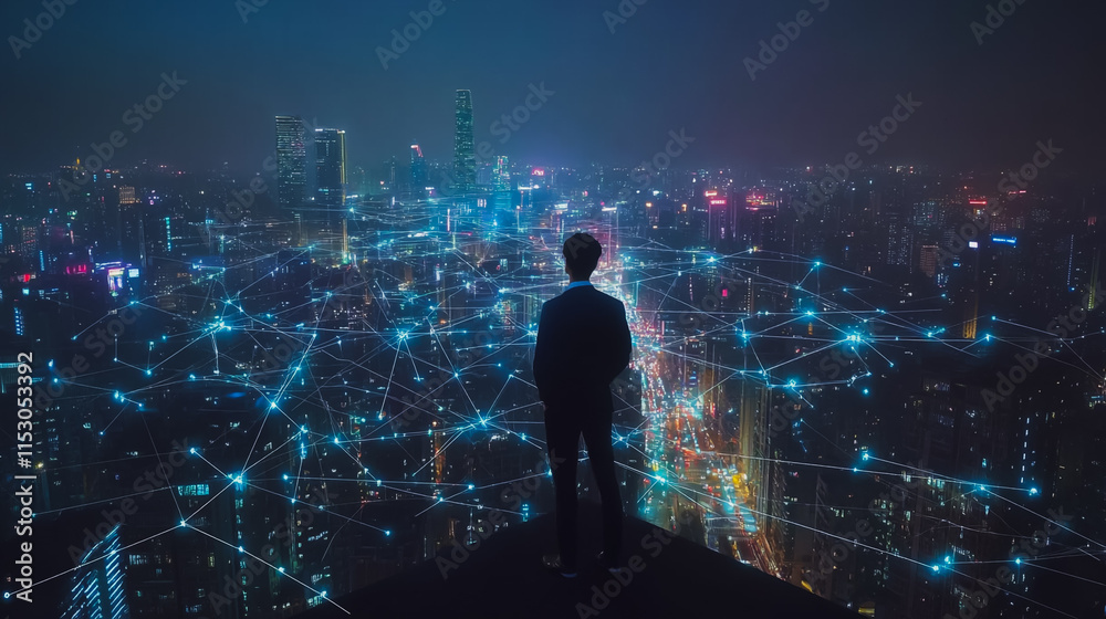 Smart digital city with connection cyber security network reciprocity over the cityscape . future smart wireless digital city and social media networking systems that connects people within the city Smart digital city with connection cyber security network reciprocity over the cityscape . future smart wireless digital city and social media networking systems that connects people within the city