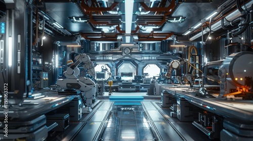 A futuristic laboratory with robotic arms and advanced technology for scientific research.