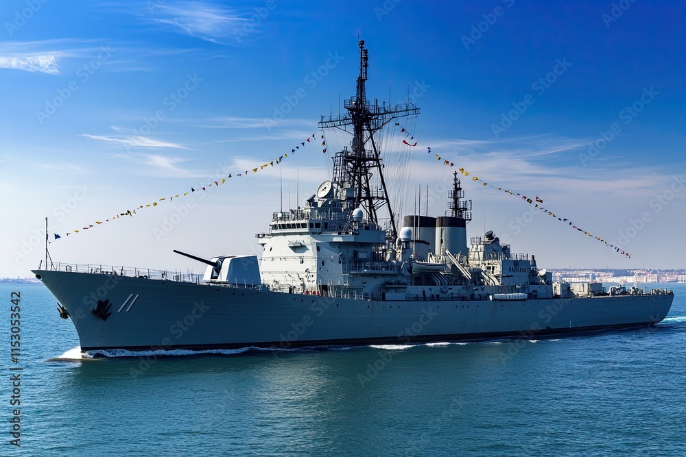 Naval ship sailing with flags in a clear blue sea. Naval ship sailing with flags in a clear blue sea.