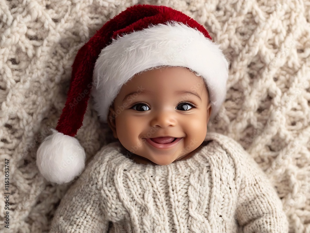Cute Baby in Festive Santa Costume on Cozy Sweater Background in Art Style Cute Baby in Festive Santa Costume on Cozy Sweater Background in Art Style