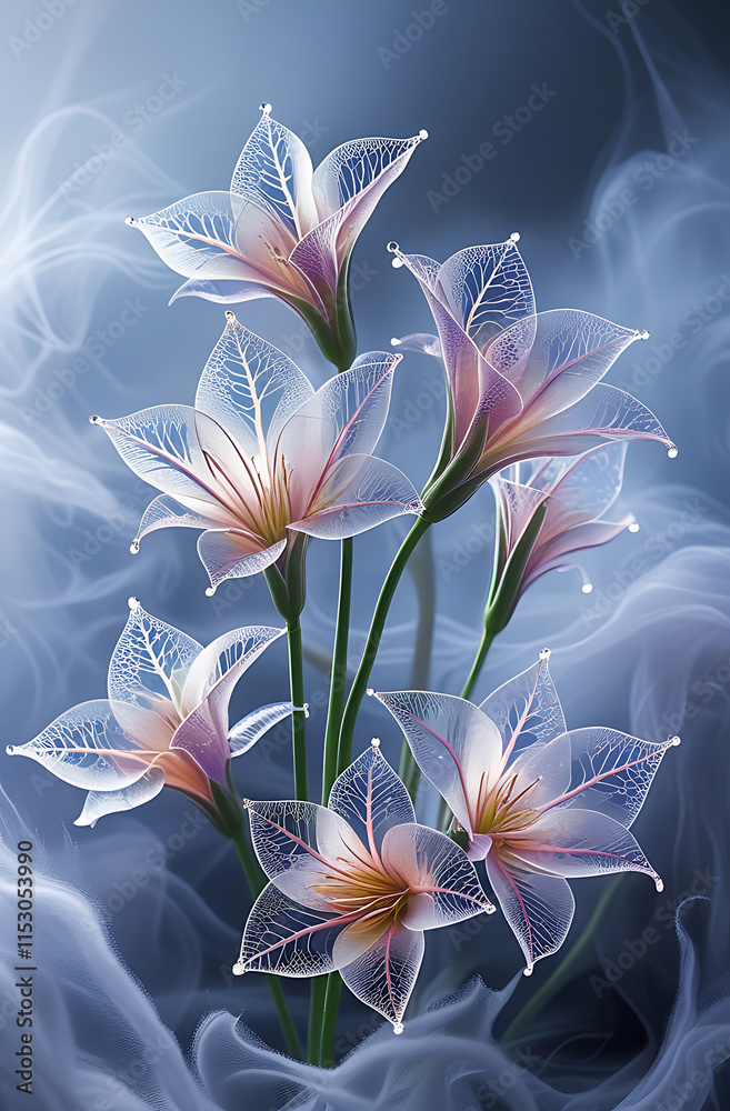 Fototapeta premium A beautiful spectrum of Alstroemerias flowers with delicate, translucent petals illuminated by soft light. Created with generative AI