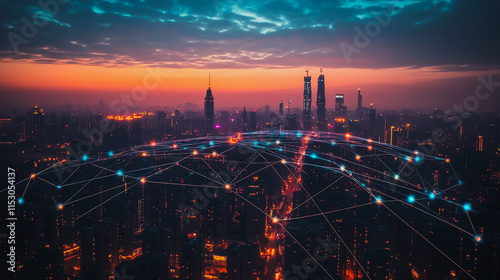 Wallpaper Mural Smart digital city with connection cyber security network reciprocity over the cityscape . future smart wireless digital city and social media networking systems that connects people within the city Torontodigital.ca