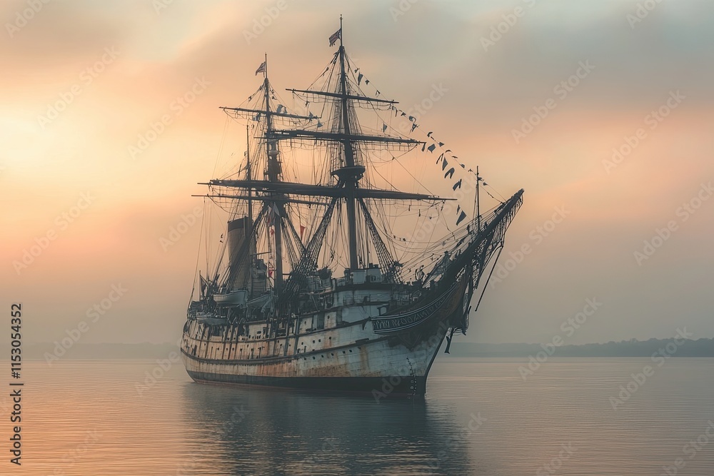 Obraz premium Old ship at sunset with a tranquil water reflection.