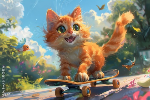 A playful orange kitten skateboarder, spreading joy in a vibrant outdoor setting with birds and nature.