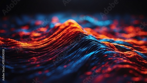Grainy background, noise texture blue red orange abstract vibrant glowing color gradient shape on black backdrop, dark banner poster header cover wallpaper design
