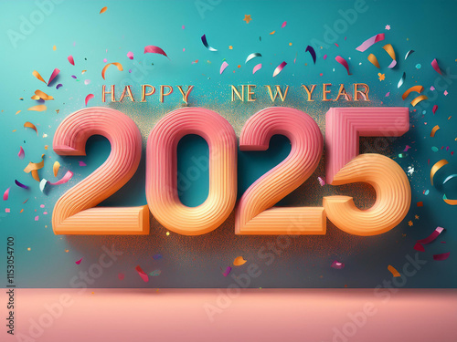 Happy New Year 2025. Realistic 3d number with falling confetti on bright background