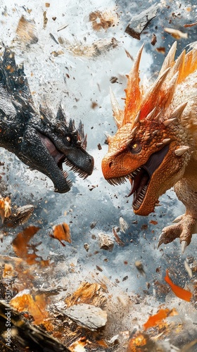 Two fierce dragons clash amidst a dramatic, explosive backdrop. photo