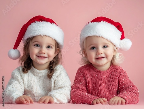 Adorable Toddler Girls in Santa Hats Celebrating the Christmas Season on Pastel Background