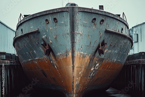 Rusty ship bow in a dock with weathered textures. photo