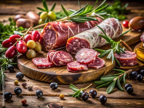 Fototapeta Naklejka Na Ścianę i Meble -  Corsican Charcuterie Double Exposure:  Delicious Meats, Olives & Olive Branch on Rustic Wood