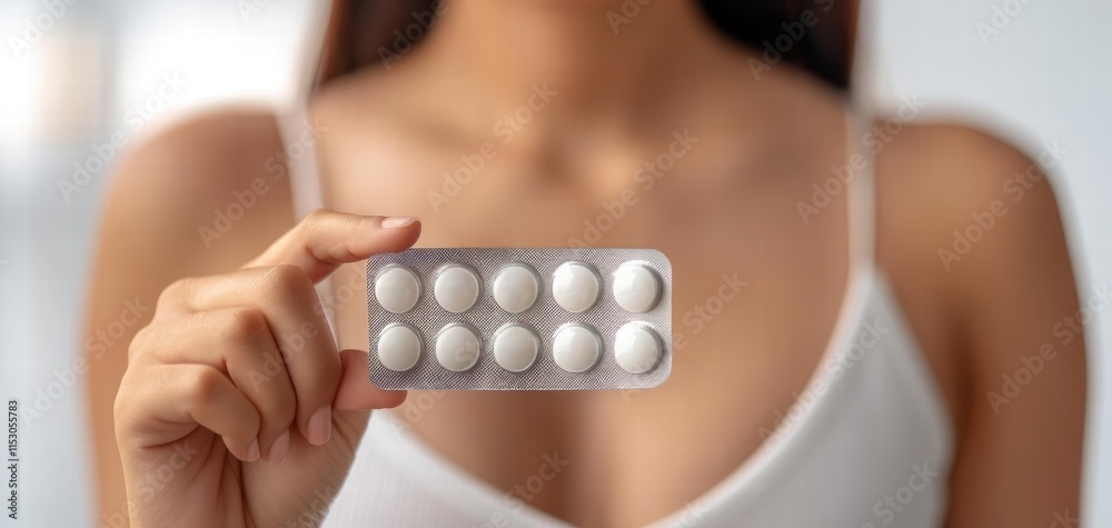Obraz premium Woman holding a blister pack of white pills in a bright setting.