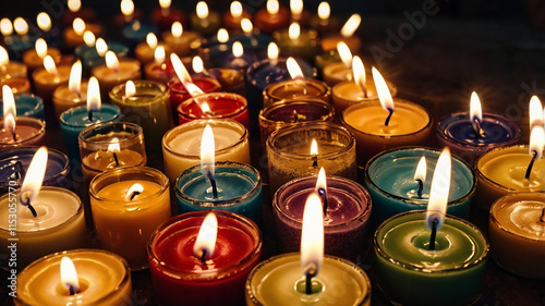 A collection of beautifully lit candles creating a warm and serene atmosphere, perfect for commemorations, celebrations, or relaxation